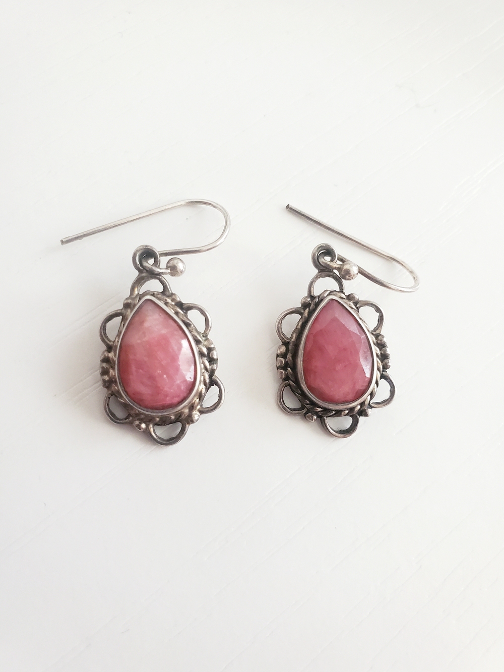Sterling Silver Rodonite Handmade Teardrop Dangle Earrings - Stamped 925